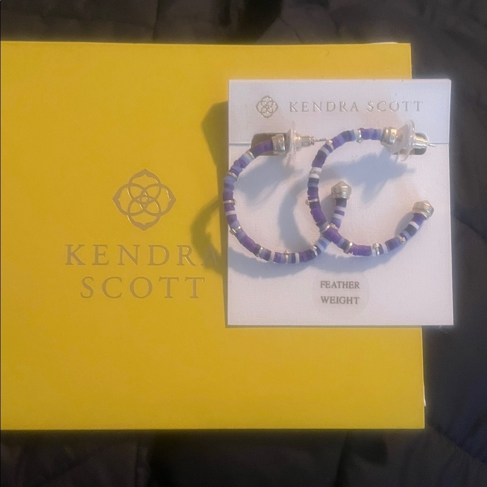 Kendra Scott Purple and White Beaded Hoop Earrings with Gold Accents